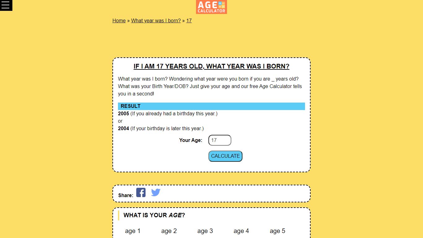 What year was I born if I am 17? - Age Calculator